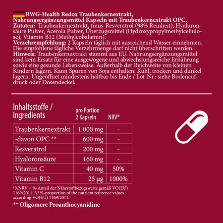 BWG HEALTH Redox 60 capsules, 100% vegan