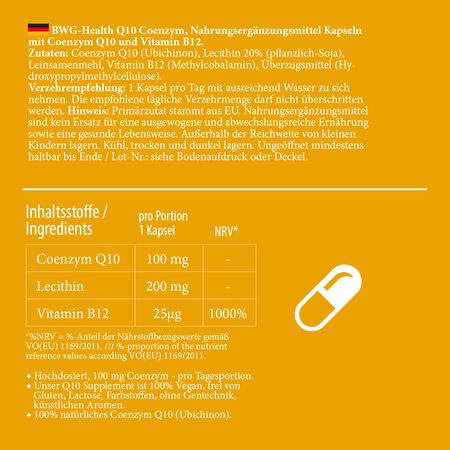 BWG HEALTH Q10 Coenzyme - 100 mg High Dose, 60 Capsules, 100% vegan